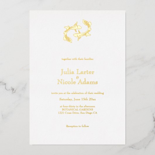 Tweelingvissen houden van kalligrafische minimalis folie uitnodiging (Voorkant)