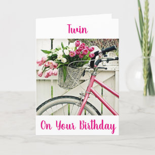 ***TWEELINGZUS VERJAARDAG*** FIETS EN BLOEMEN KAART