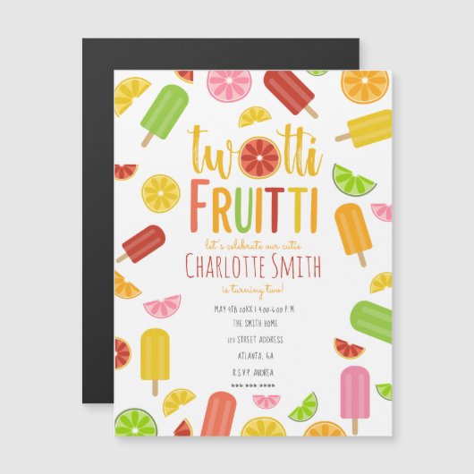 Tweemaal Fruitti Citrus Ice Poppen Tweede verjaard Magnetische Uitnodiging (Voorkant / Achterkant)
