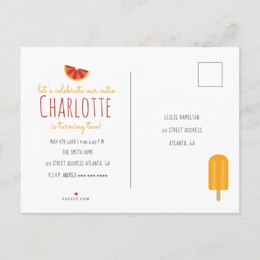 Tweemaal Fruitti Citrus Ice Poppen Tweede verjaard Uitnodiging Briefkaart (Achterkant)