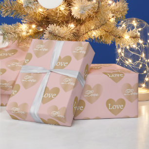 Tweemaal Golden Love Trouwharten op Roos Gold Cadeaupapier