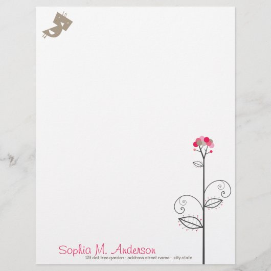 Tweet Bird and Whimsical Cute Bloom Tree Pink Stip Briefhoofd (Voorkant)
