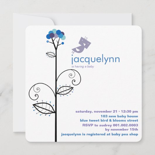 Tweet Bird Blue Bloom Stippen Tree Baby shower Kaart (Voorkant)