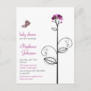 Tweet Bird Paarse Bloom Stippen Tree Chic Baby sho Uitnodiging Briefkaart