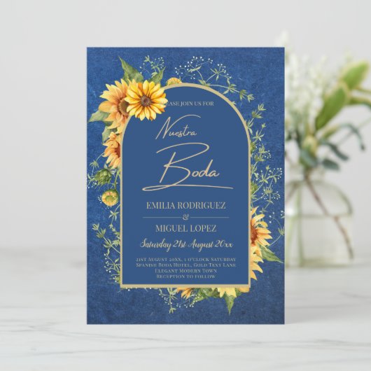 Tweetaalig Rústiek Blauw Geel Zonnebloemen Bruilof Kaart (Staand voorkant)