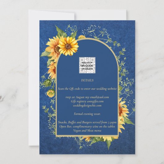 Tweetaalig Rústiek Blauw Geel Zonnebloemen Bruilof Kaart (Achterkant)