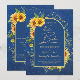 Tweetaalig Rústiek Blauw Geel Zonnebloemen Bruilof Kaart