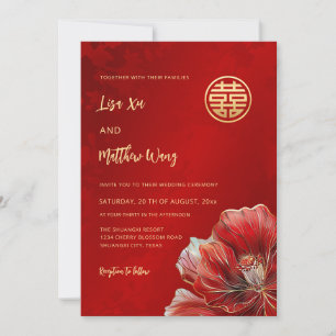 Tweetaalige Rode Bloem Chinese Huwelijk Kaart