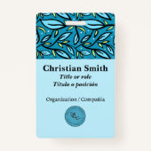 Tweetalig blauw turquoise blad patroon badge (Voorkant)