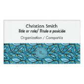 Tweetalig blauw wit blad patroon badge (Voorkant)