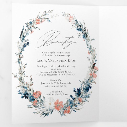 Tweetalig Spaans Engels Bloemen Doop Bautizo Drieluik Uitnodiging (Binnenzijde eerst)