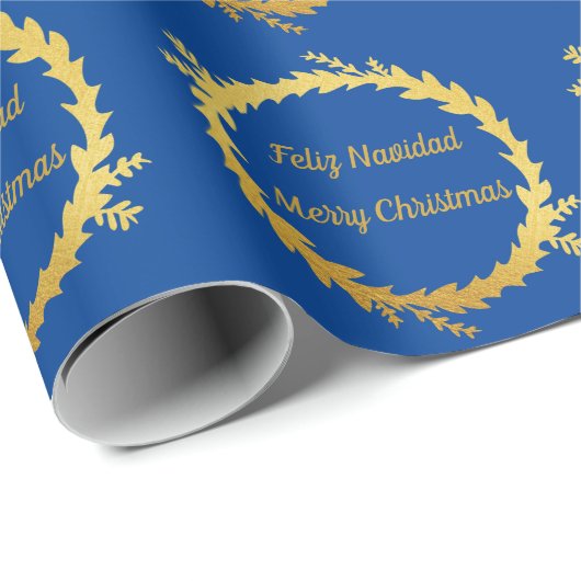 Tweetalige Blauw Gouden Feliz Navidad Kerstmis Cadeaupapier (Rol Hoek)