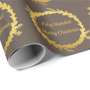Tweetalige Bruin Gouden Feliz Navidad Kerstmis Cadeaupapier