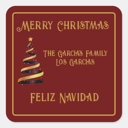 Tweetalige Feliz Navidad Kerst Rood en Gouden Vierkante Sticker (Voorkant)
