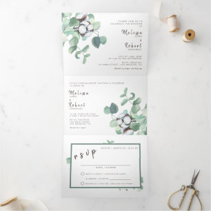 Tweetalige huwelijksuitnodiging Eucalyptus alles i Drieluik Uitnodiging