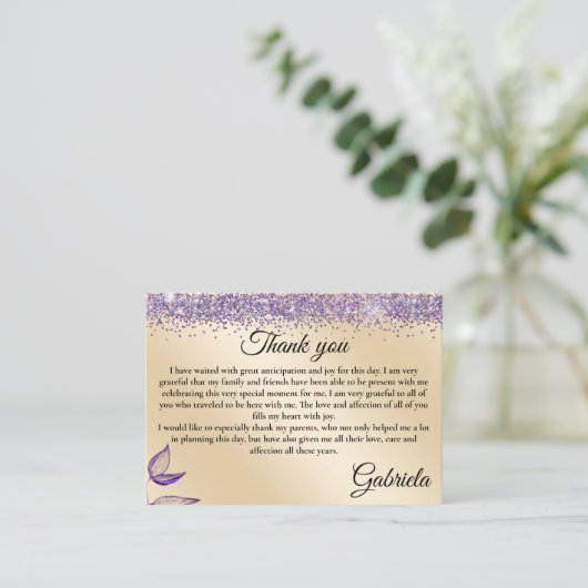 Tweetalige Quinceañera Dank u - Gracias Favor Informatiekaartje (Staand voorkant)