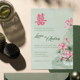 Tweetalige trouwuitnodiging groene roze lotus kaart