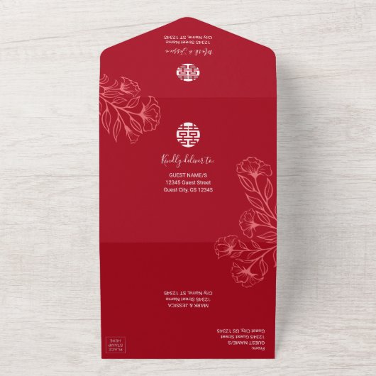 Tweetalige Vietnamese Engels rode bruiloft All In One Uitnodiging (Buitenkant)