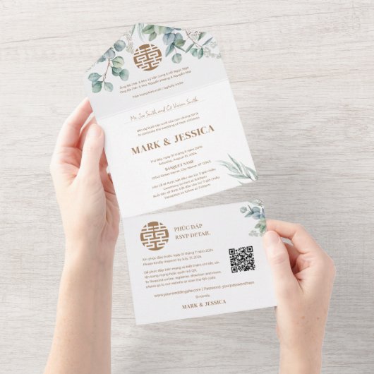 Tweetalige Vietnamese eucalyptus traditioneel All In One Uitnodiging (Afscheurbaar)