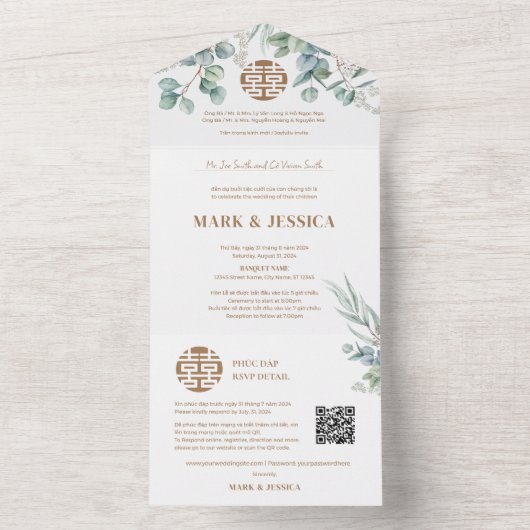 Tweetalige Vietnamese eucalyptus traditioneel All In One Uitnodiging (Binnen)