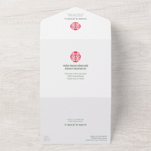 Tweetalige Vietnamese pioenen Traditioneel Alles i All In One Uitnodiging (Buitenkant)