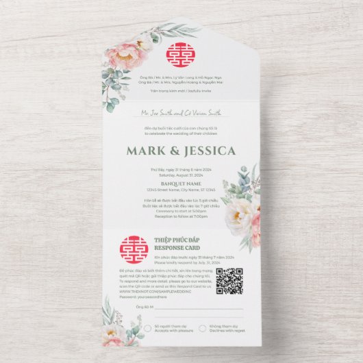 Tweetalige Vietnamese pioenen Traditioneel Alles i All In One Uitnodiging (Binnen)