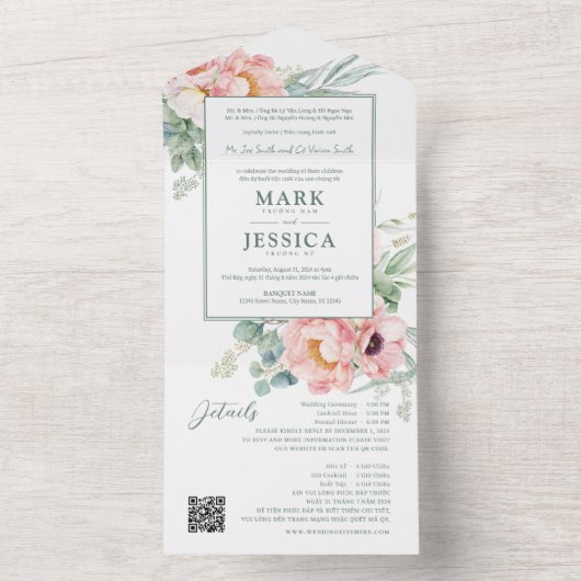 Tweetalige Vietnamese roze bloem All In One Uitnodiging (Binnen)