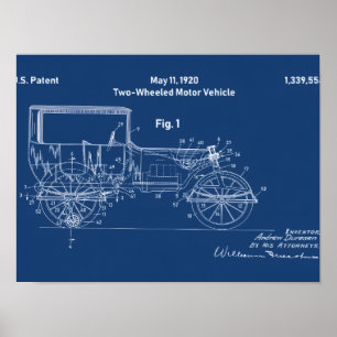 Tweewielig motorvoertuig octrooi 1920 blauwdruk Po Poster