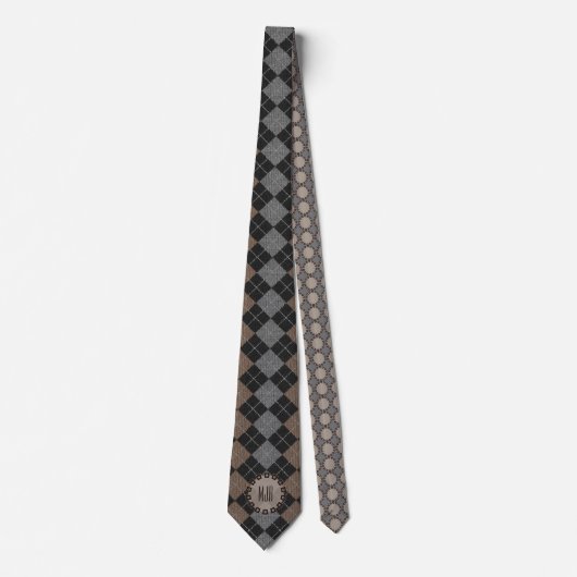 Tweezijdig bruin, grijs en zwart Argyle Monogram Stropdas (Voorkant)