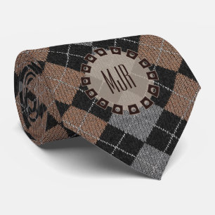Tweezijdig bruin, grijs en zwart Argyle Monogram Stropdas
