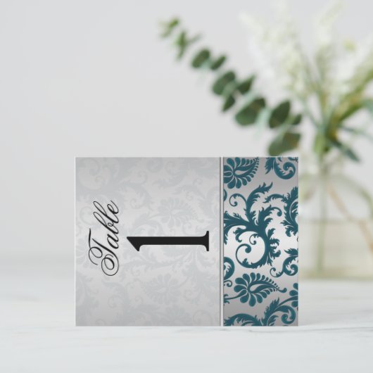Tweezijdig Silver en Blauwgroen Damask II Tafelnum Briefkaart (Staand voorkant)
