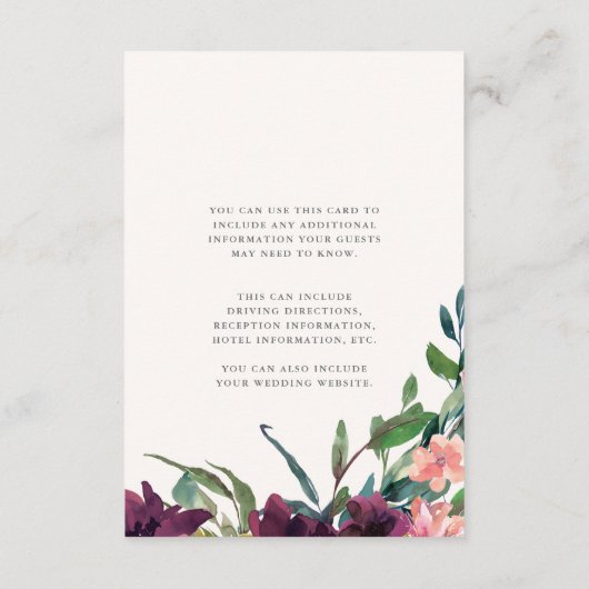Tweezijdige pruim bloemig op Blush bruiloft detail Informatiekaartje (Achterkant)