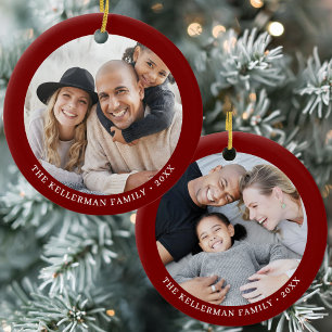 Tweezijdige Rode Familie Twee Foto Kerstmis Keramisch Ornament