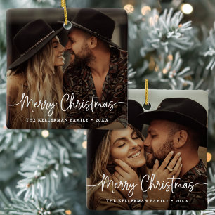 Tweezijdige Twee Foto Elegante Kerstmis Keramisch Ornament