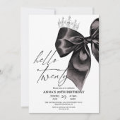 Twenty Black Bow 20th Birthday Invitation Kaart (Voorkant)