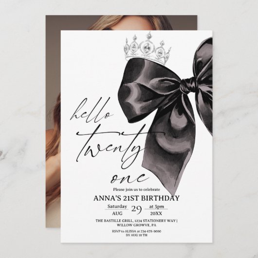 Twenty one Black Bow 21st Birthday Invitation (Devant / Derrière)