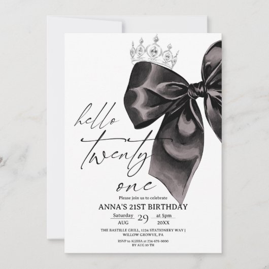 Twenty one Black Bow 21st Birthday Invitation Kaart (Voorkant)