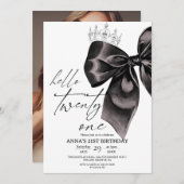 Twenty one Black Bow 21st Birthday Invitation Kaart (Voorkant / Achterkant)