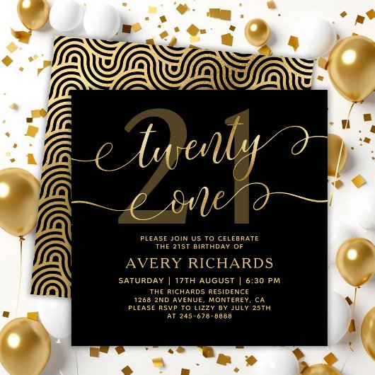 Twenty One Elegant Gold Script Black 21st Birthday Kaart