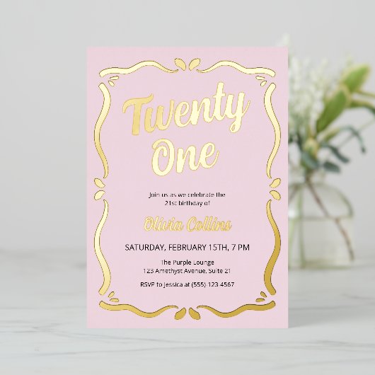 Twenty One Gold Script Blush Pink 21e verjaardag Folie Uitnodiging (Staand Voorkant)