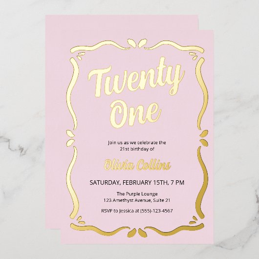 Twenty One Gold Script Blush Pink 21e verjaardag Folie Uitnodiging (Voorkant / Achterkant)