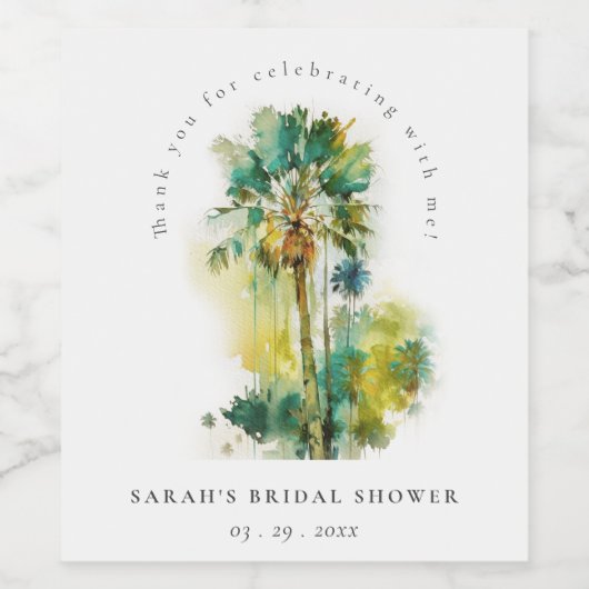 Twijfelachtige Tropische Waterverf Palmboom Bruids Wijn Etiket (Enkel label)