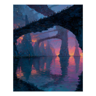 Twilight Arch Bridge Reflectie Fantasie Kunst Perfect Poster
