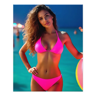 Twilight Beach Portrait - Vrouw in Neon Pink Bikin Foto Afdruk