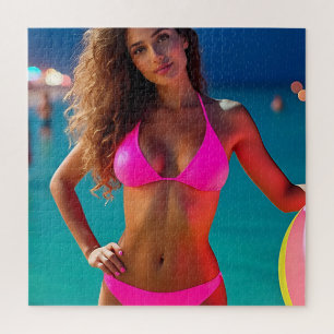 Twilight Beach Portrait - Vrouw in Neon Pink Bikin Legpuzzel