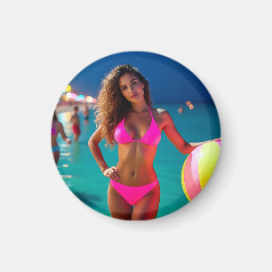 Twilight Beach Portrait - Vrouw in Neon Pink Bikin Magneet