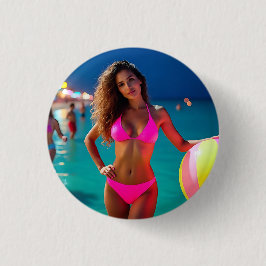 Twilight Beach Portrait - Vrouw in Neon Pink Bikin Ronde Button 3,2 Cm