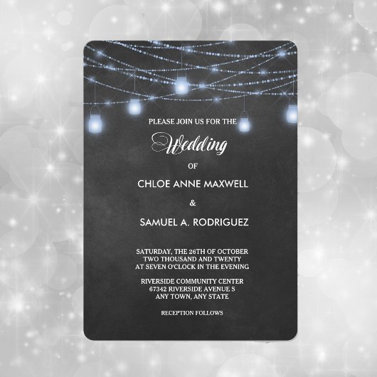 Twilight Blue String Lights Wedding Invitation Kaart