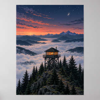 Twilight-brandwachttoren boven mist 12x16 poster