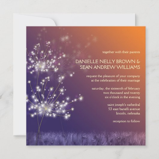 Twilight Dandelions Floral Wedding Kaart (Voorkant)